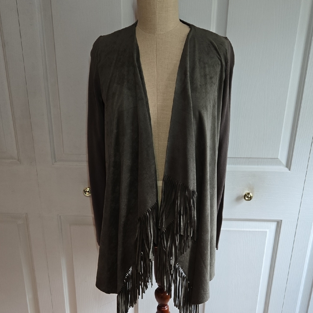 INC Olive Green Faux Suede Cardigan with Fringe